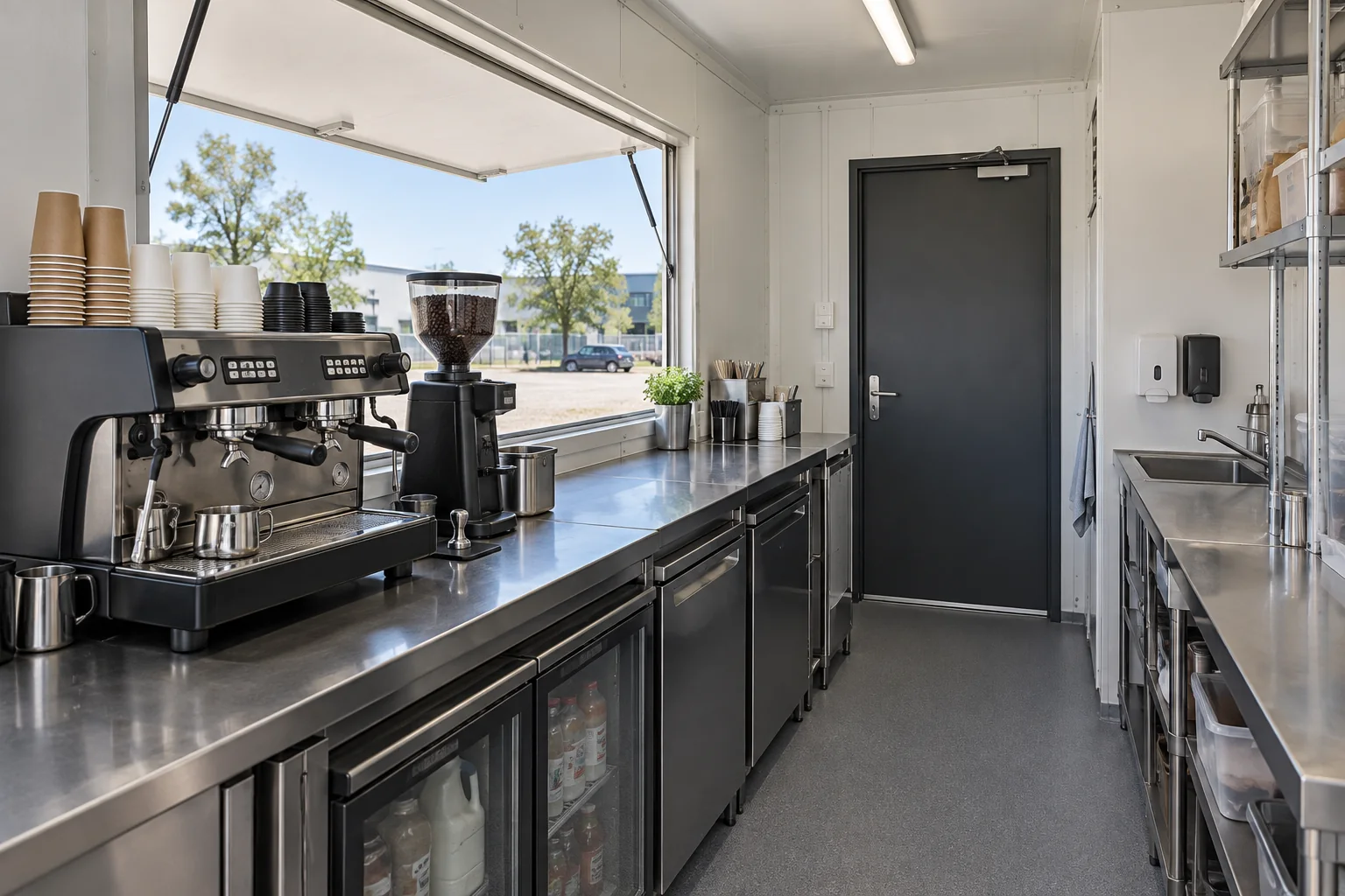 Compact café work area with preparation counter, sink and serving opening