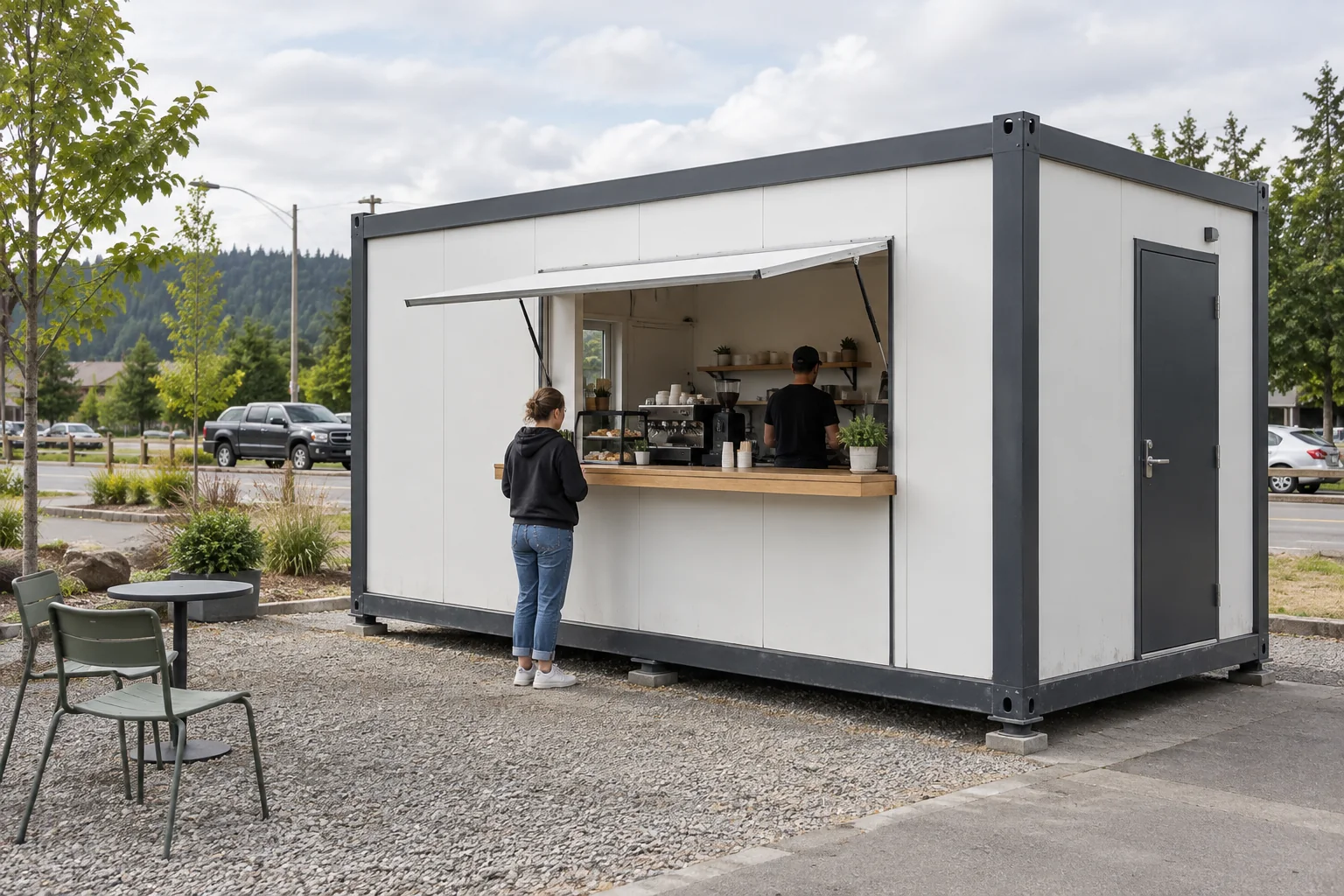 Modular coffee kiosk with a serving counter and simple canopy