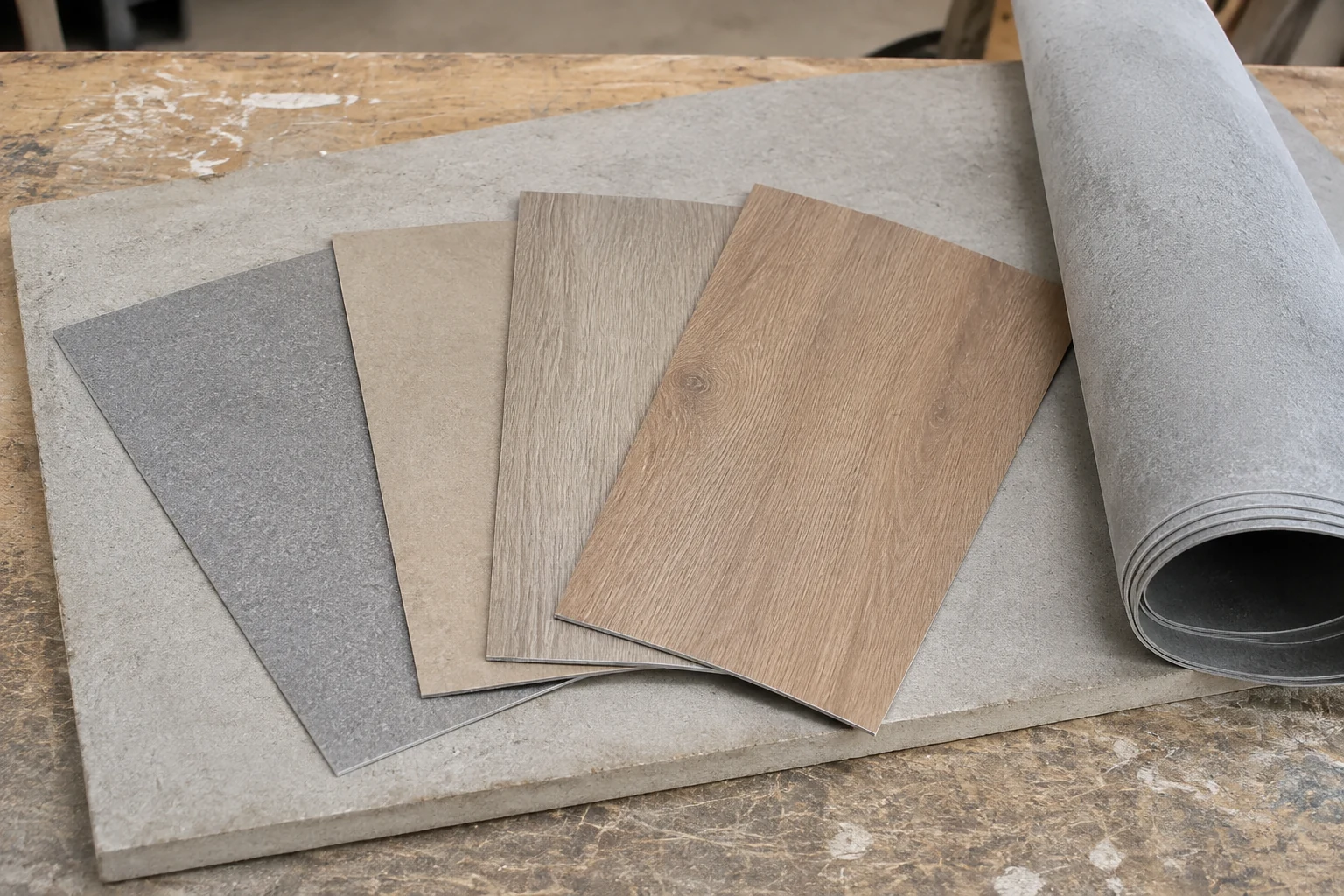 AI-generated illustration of vinyl finish samples on a floorboard