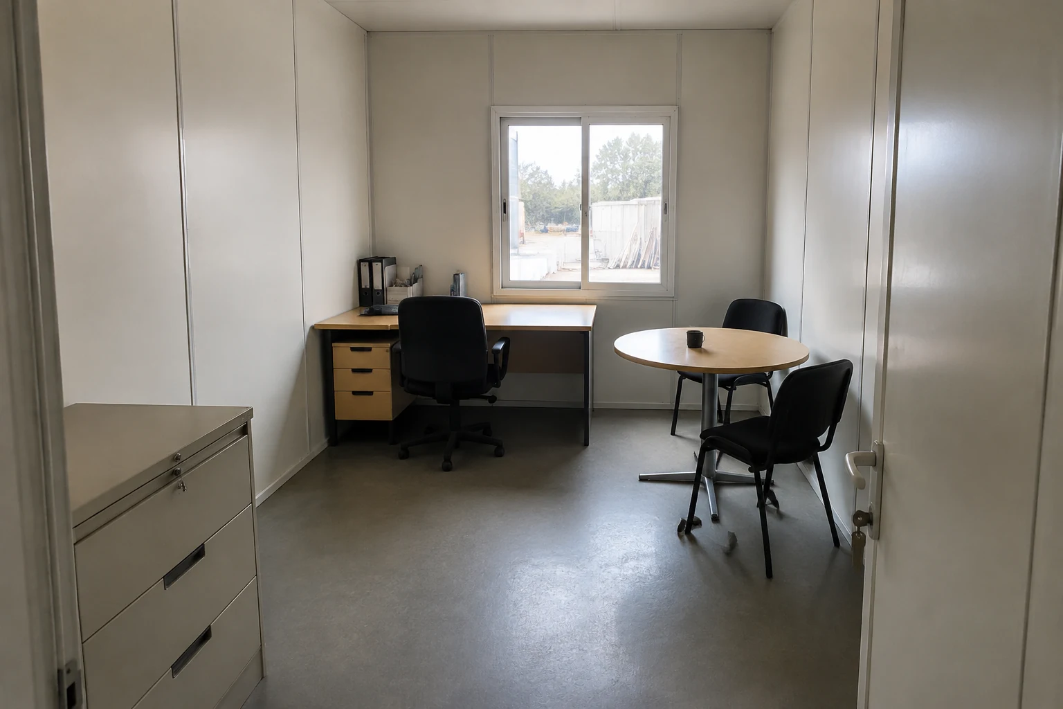 AI-generated modular office interior concept with desk and meeting area