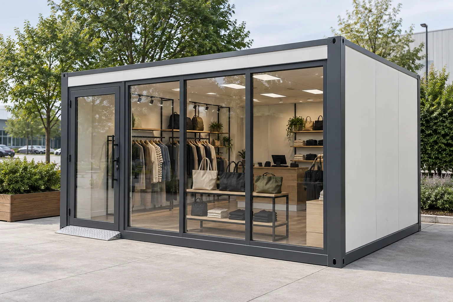 Glass-fronted modular retail unit with merchandise displays