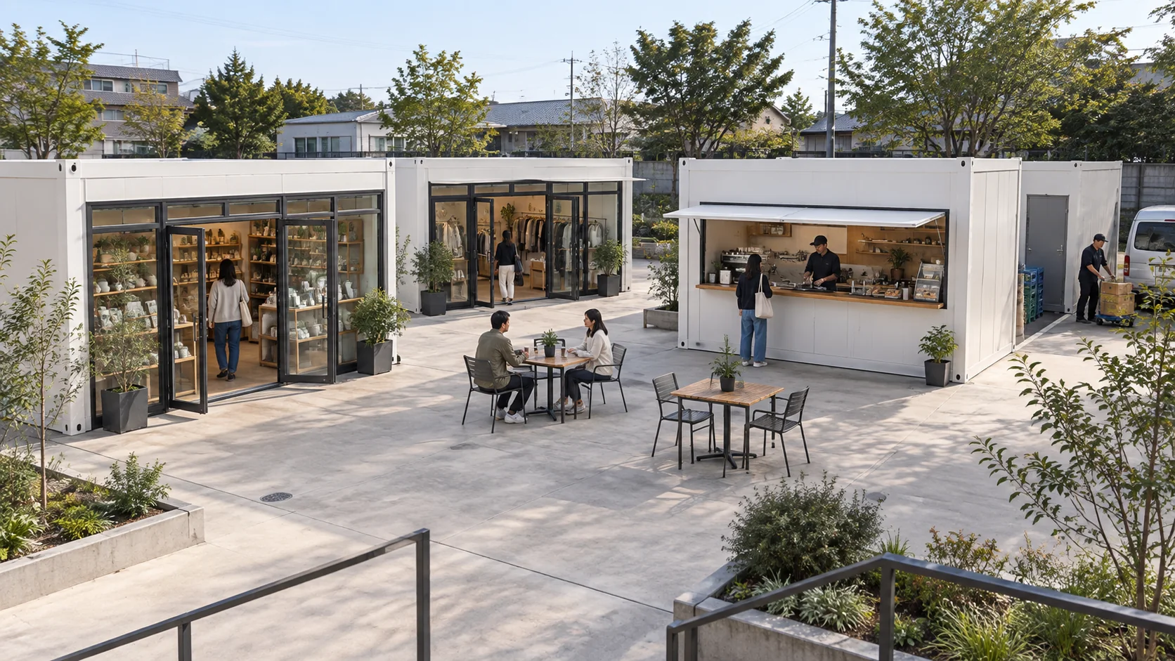 Concept arrangement of several modular shops around a shared pedestrian court