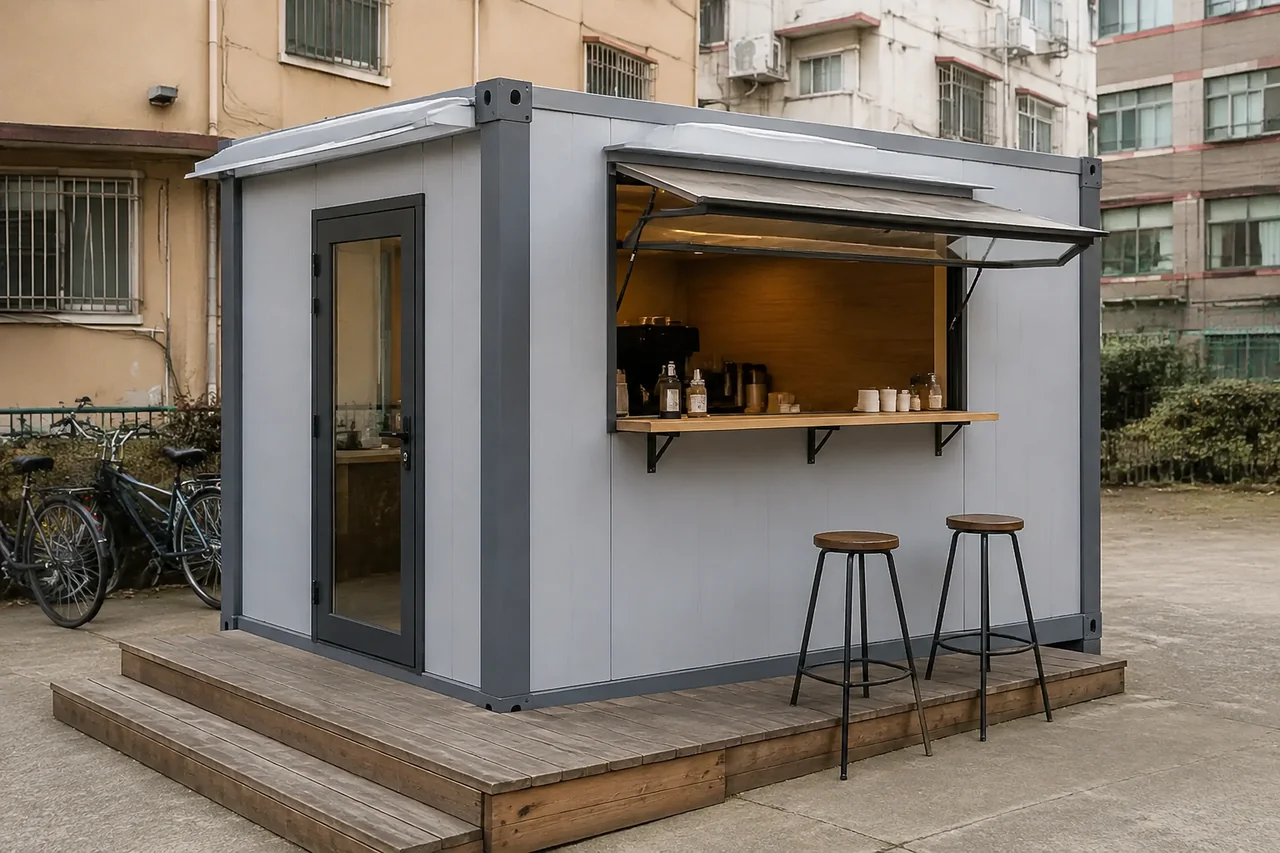 Illustrative modular retail kiosk with a serving window and simple deck