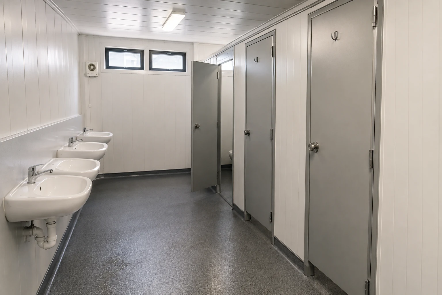 AI-generated modular washroom concept with basins and toilet cubicles