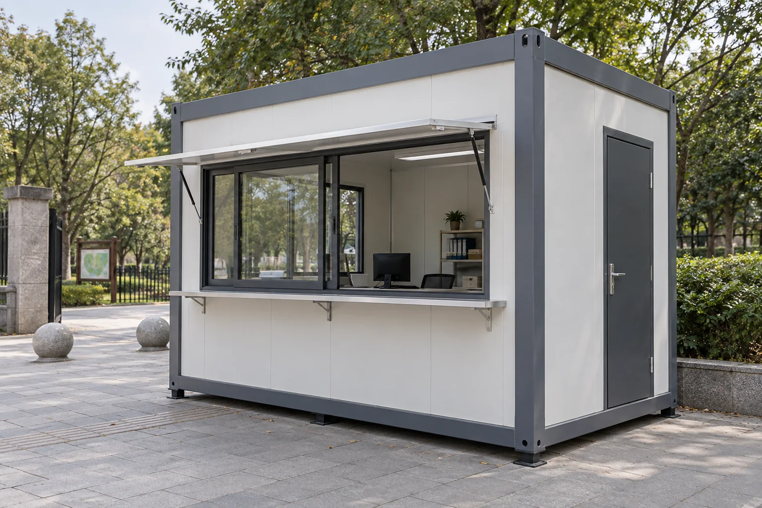 Modular ticket and service booth with separate staff access