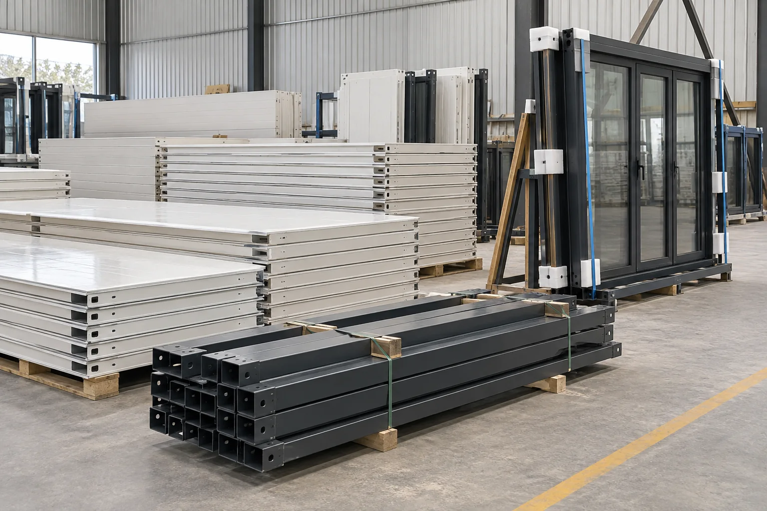 Modular shop components and a protected storefront frame prepared for delivery