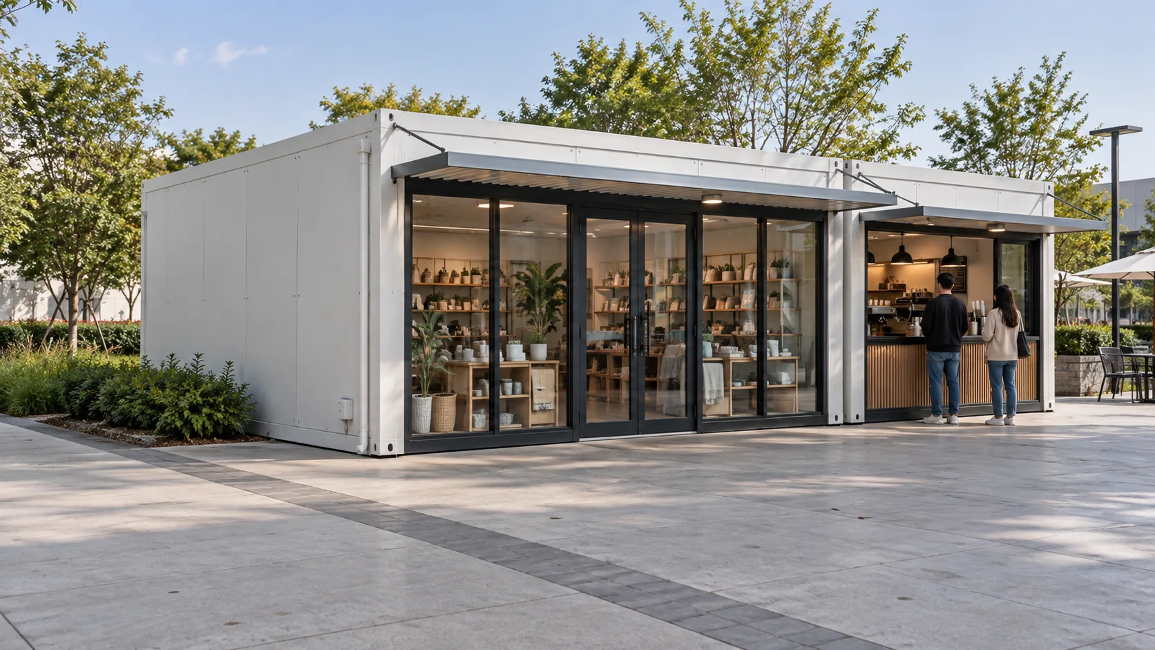 Modular retail shop and café opening onto a pedestrian forecourt