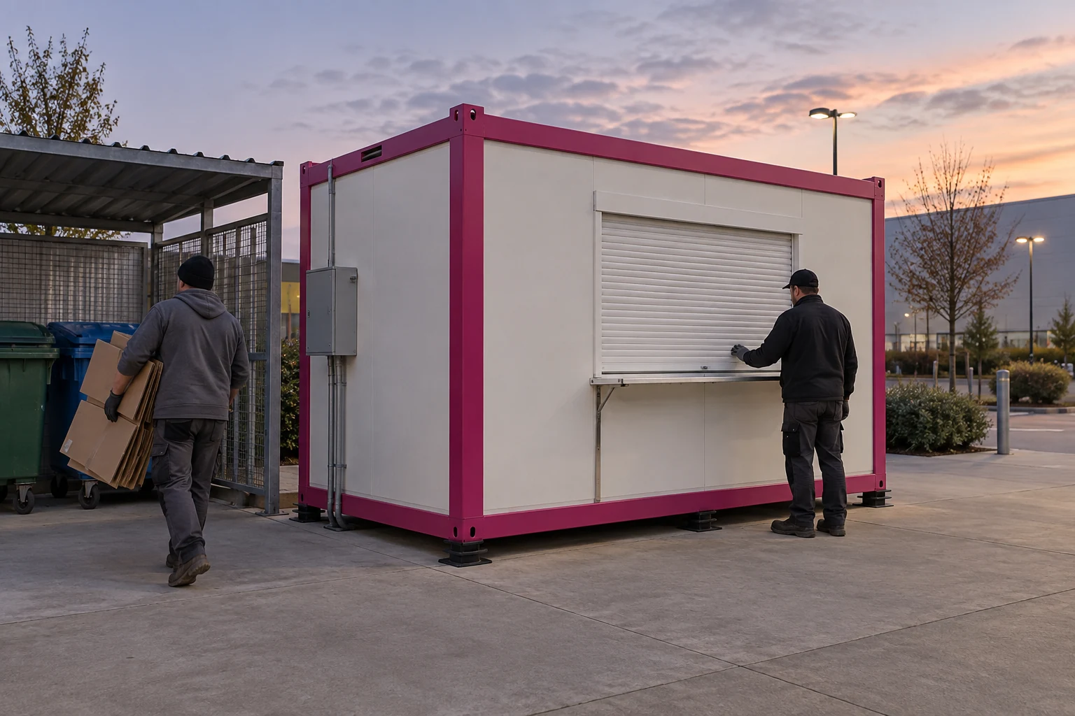 Illustrative container shop close-down and packaging removal at a retail court
