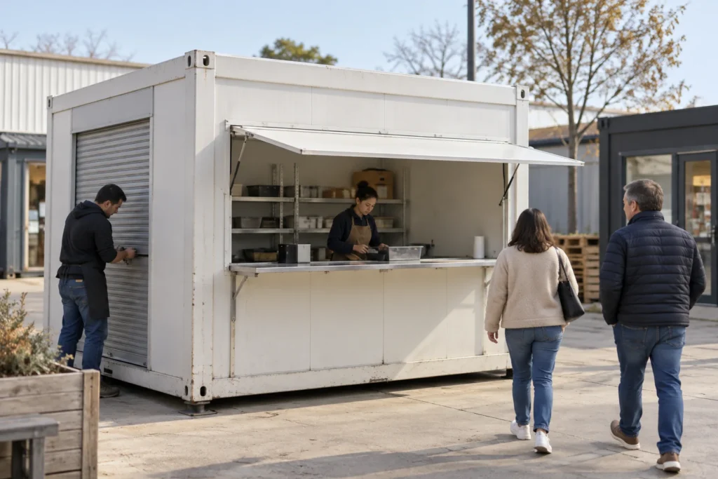 Illustrative modest container shop opening with a practical service-window and customer approach