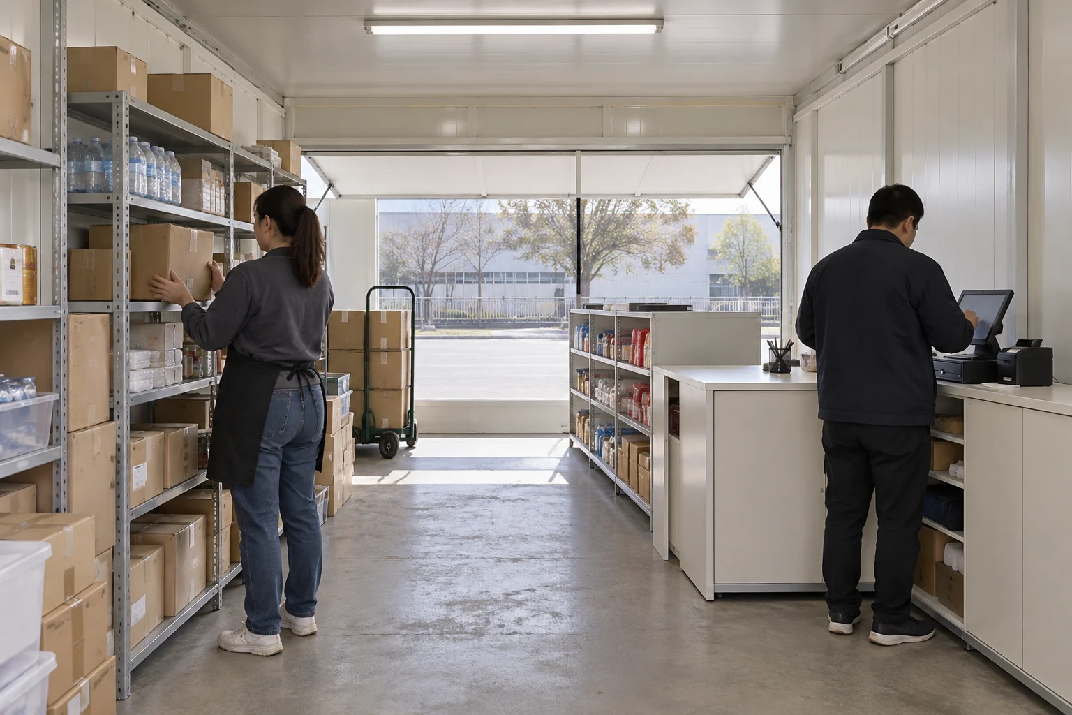 Illustrative staff checking reserve stock and point-of-sale space inside a container shop