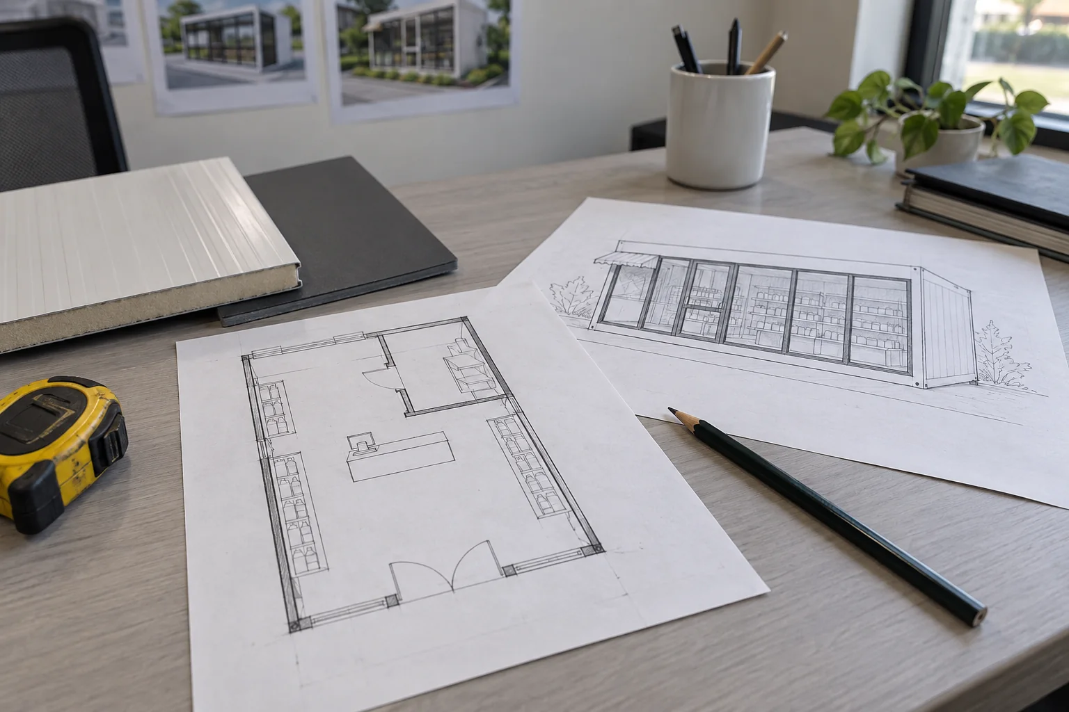 Shop layout planning materials with a simple floor plan and finish samples