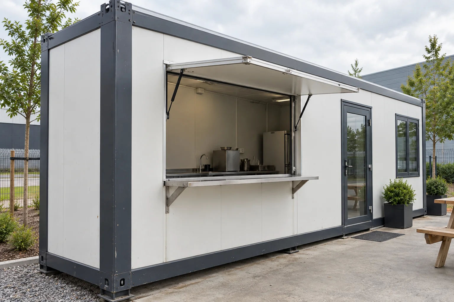 Close view of a modular shop serving hatch, counter and frame details
