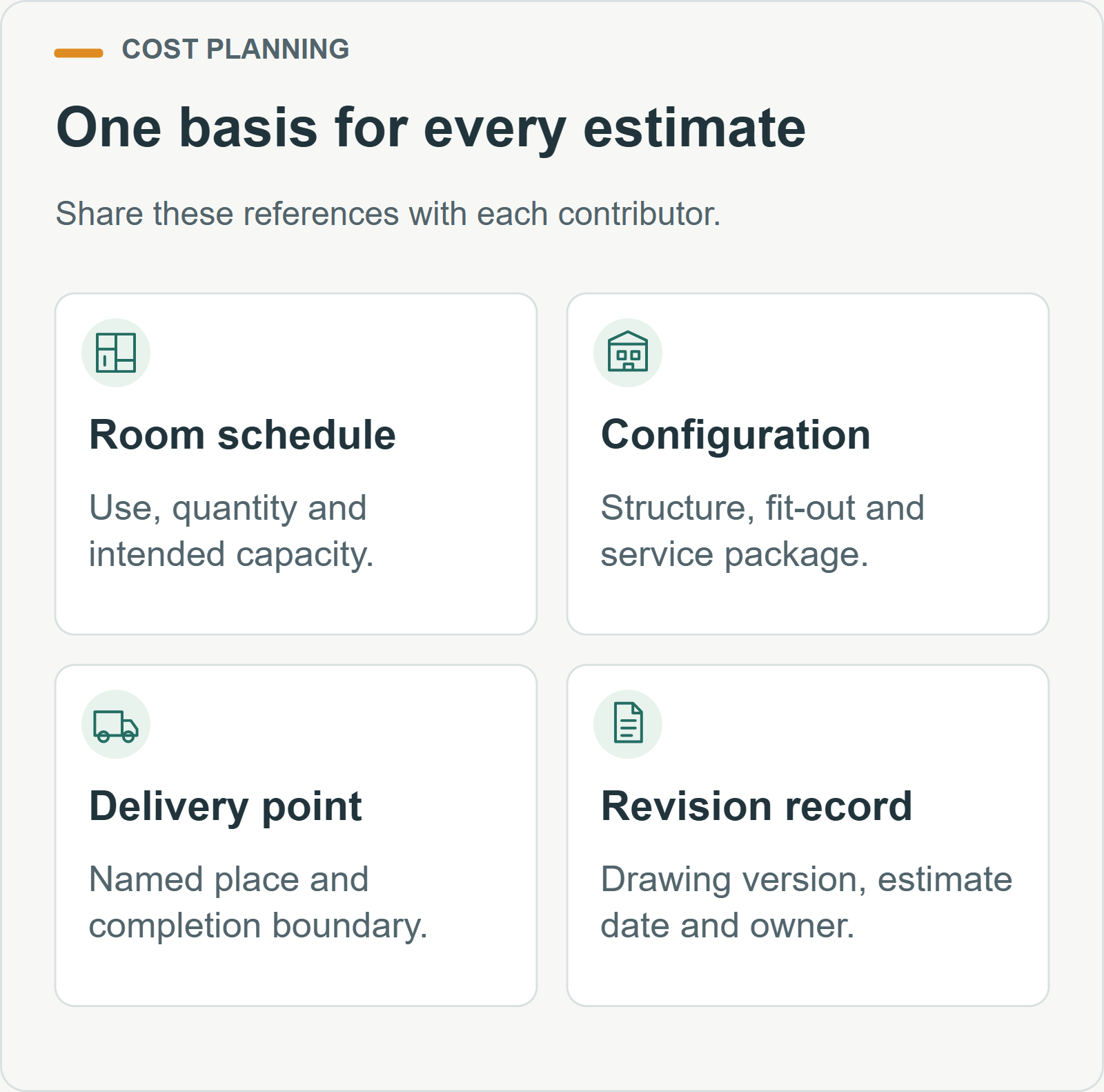 One basis for every estimate. Share these references with each contributor.
