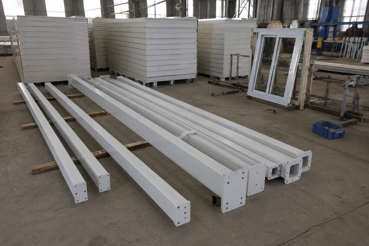 Separate steel members, wall panels and fittings prepared as a detachable building package