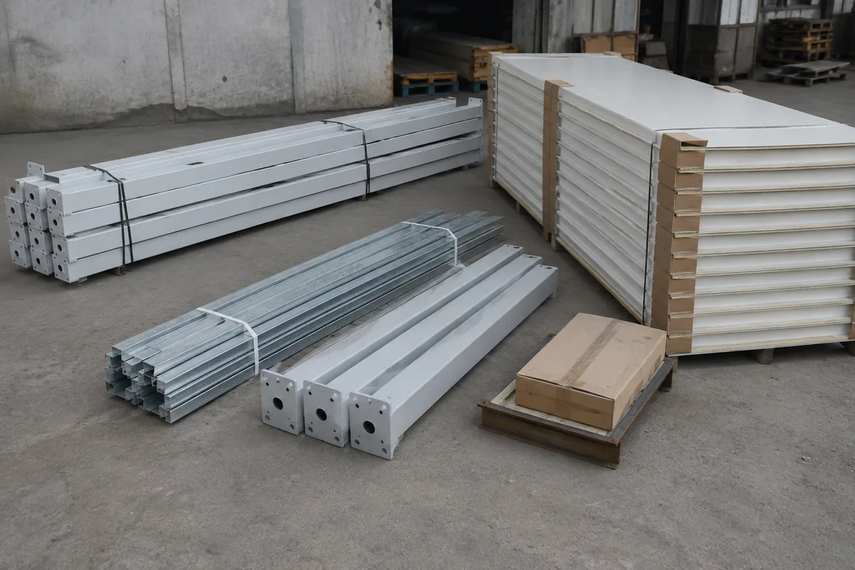 Illustrative frame members and enclosure panels grouped for detachable building assembly