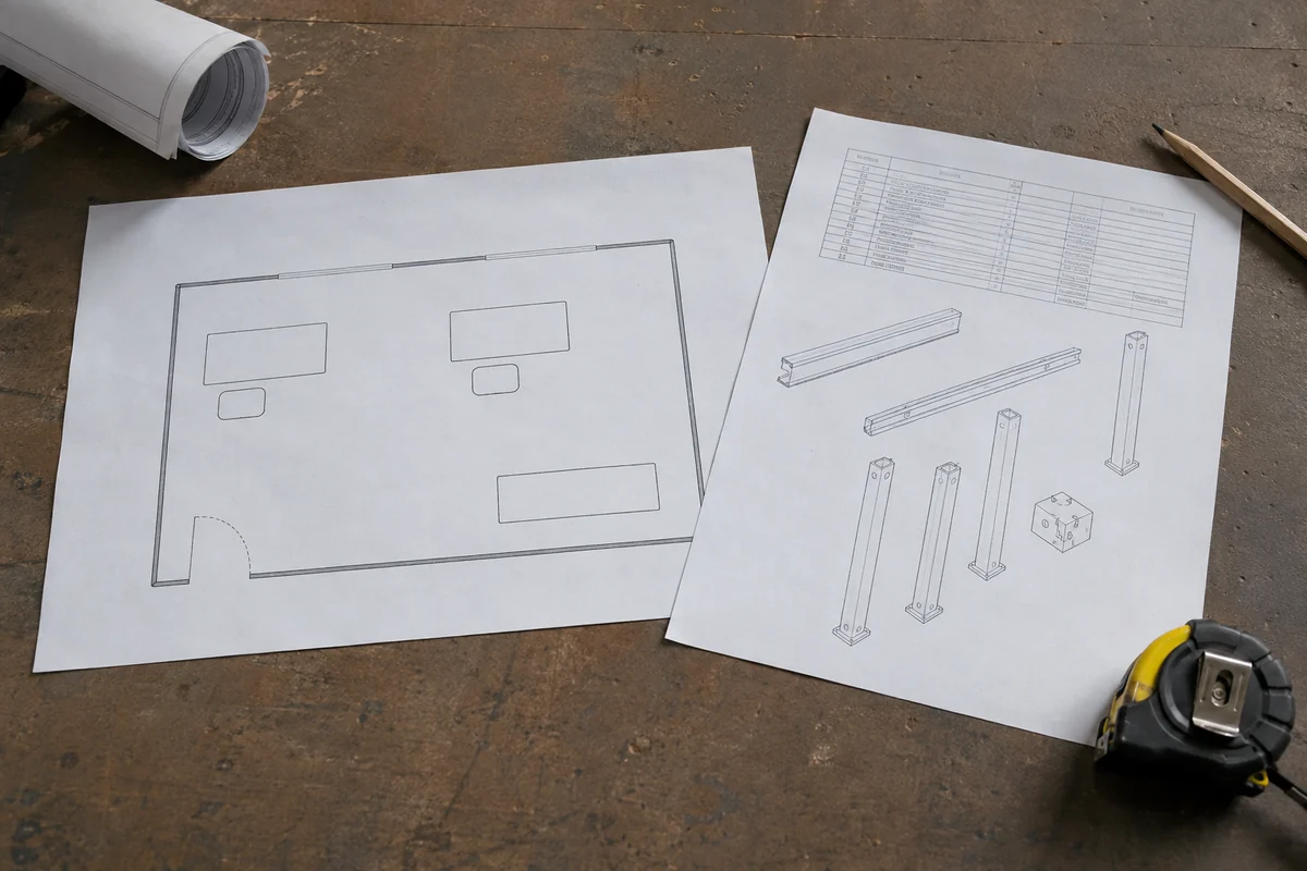 Illustrative layout drawing and component schedule reviewed on a workshop desk