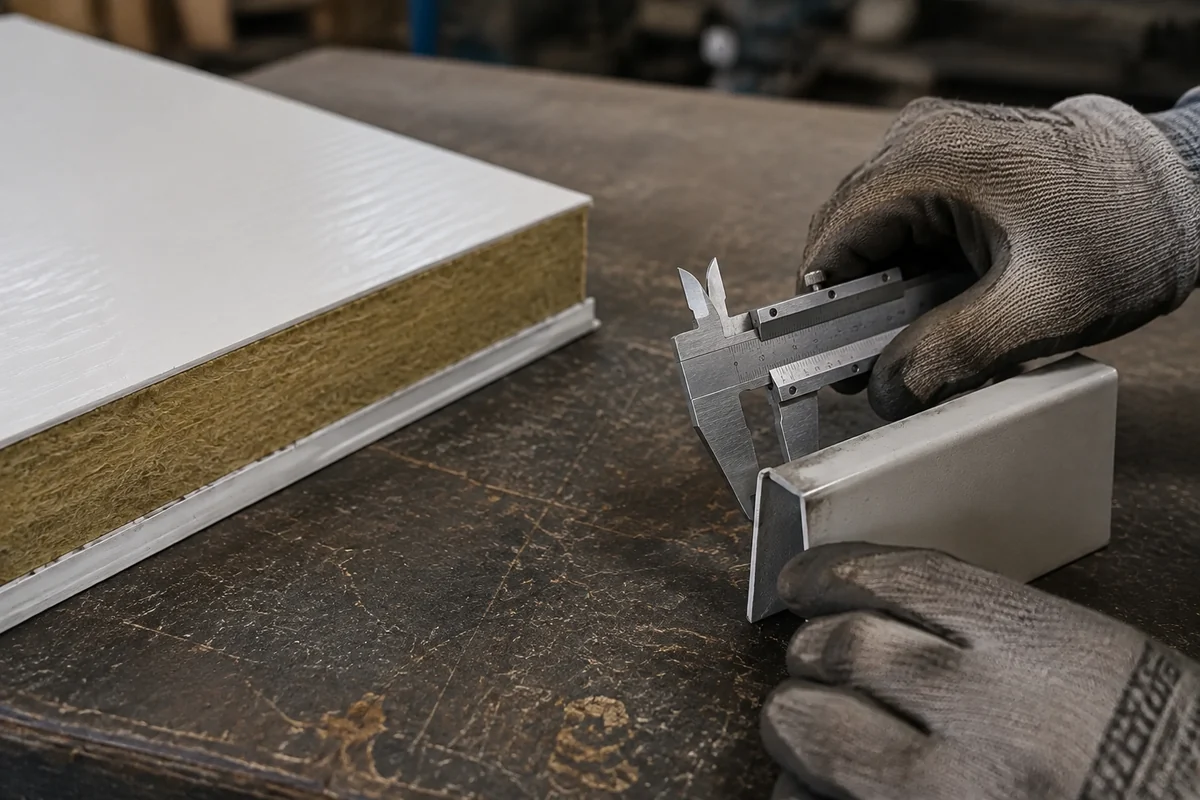 Material sample and metal trim being checked with a caliper on a workshop bench