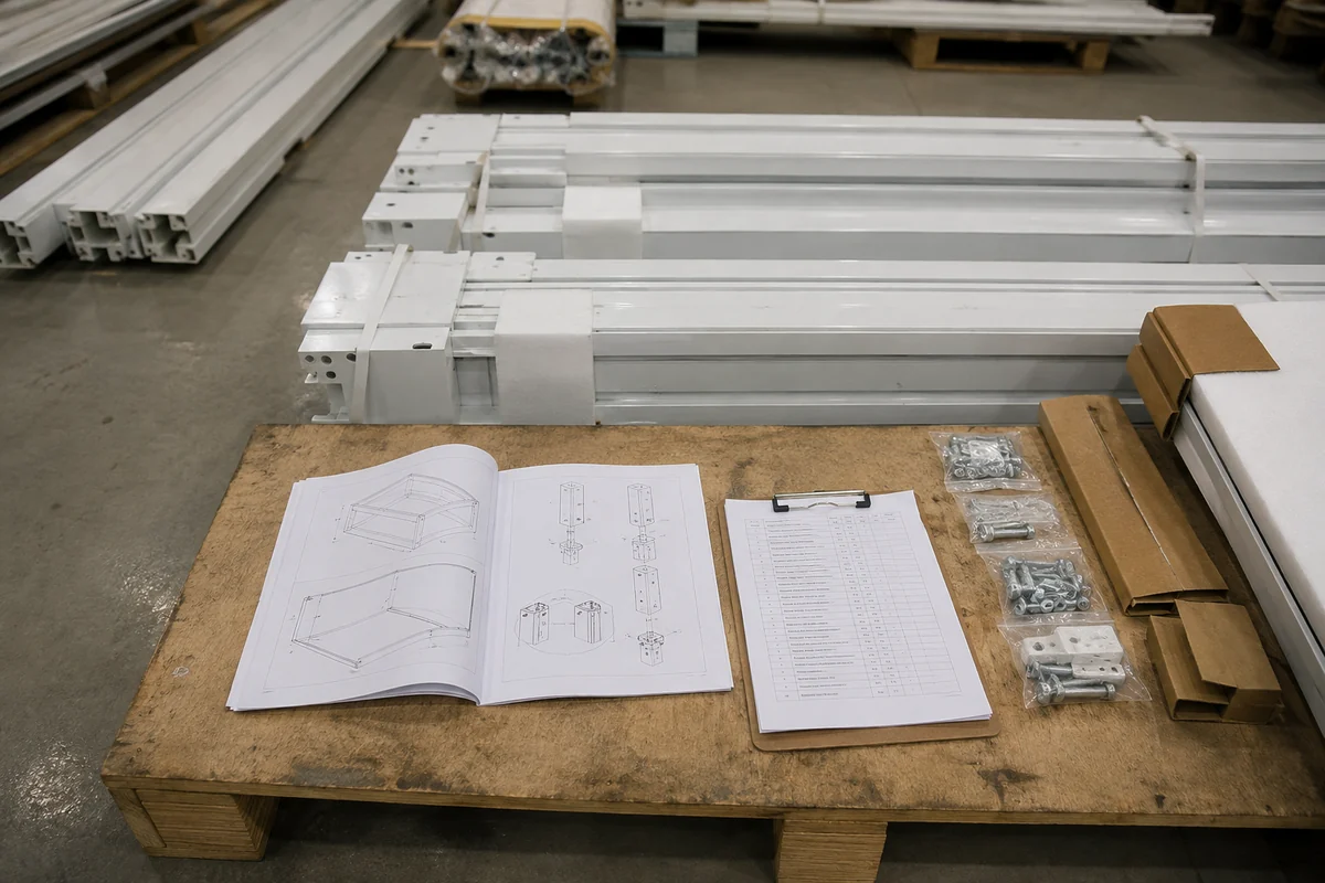 Illustrative packing checklist and assembly sequence sheets beside protected fittings