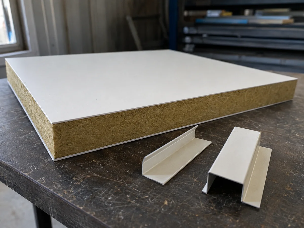 Illustrative wall panel and trim components for specification review