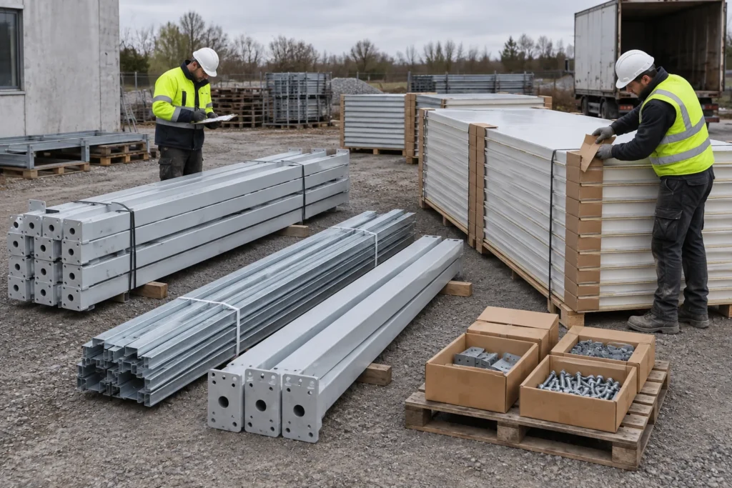 Illustrative detachable building frame members and panels sorted for relocation