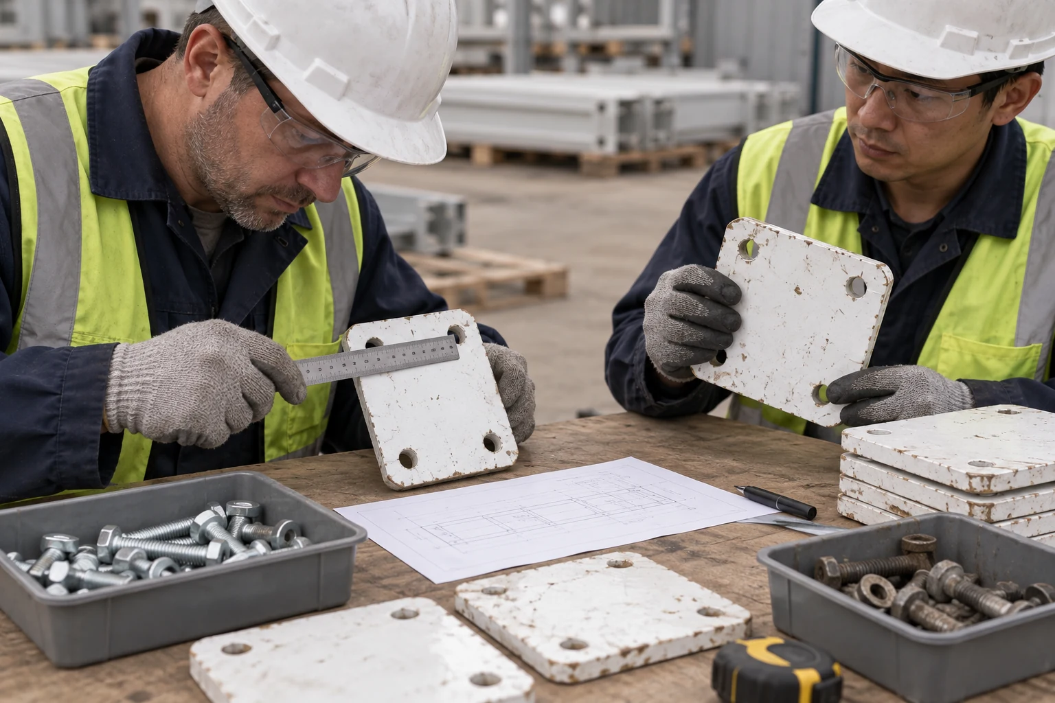 Illustrative technicians checking a recovered bolted steel connection