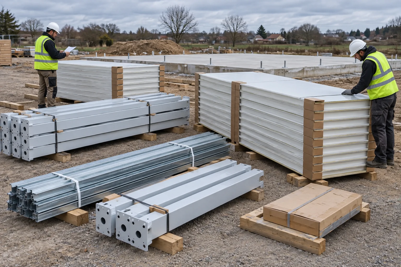 Illustrative reusable detachable building parts staged at a new site
