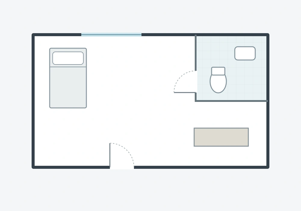 Conceptual partitioned room with an optional bathroom zone