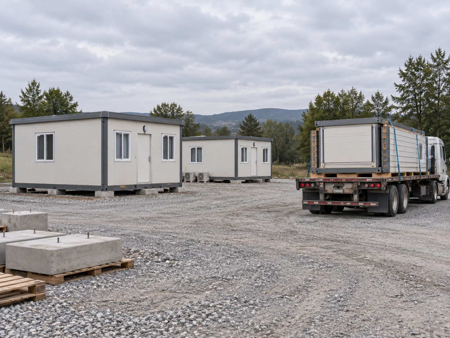 Concept illustration: Modular building packages arriving at a site receiving area