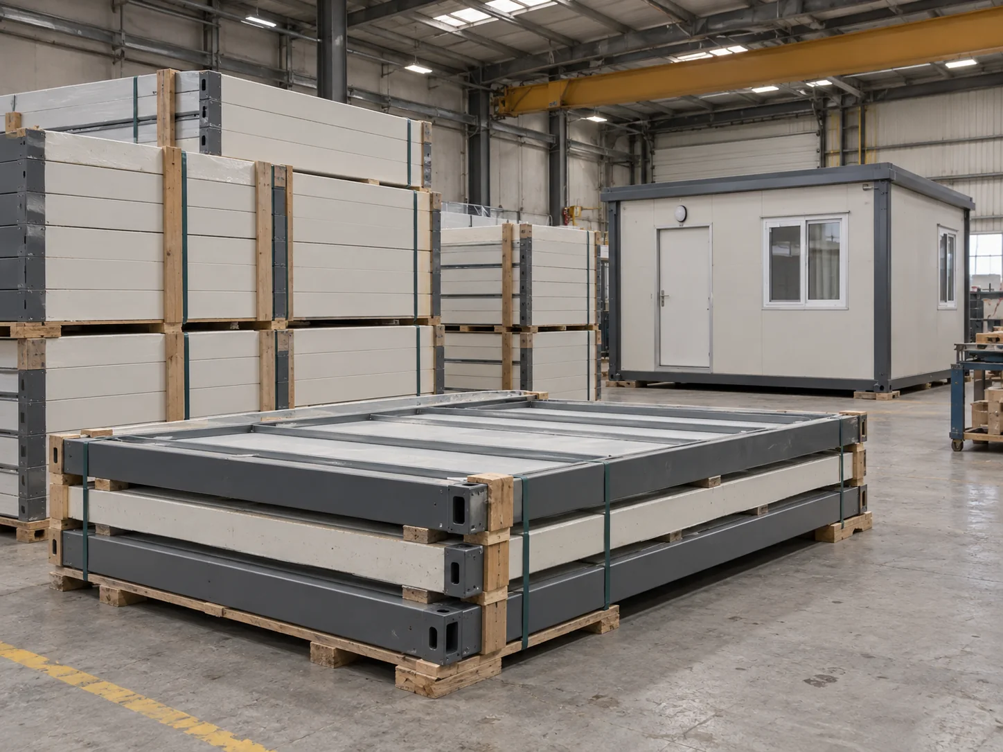 Concept illustration: Flat-pack building frames and wall panels prepared for packing
