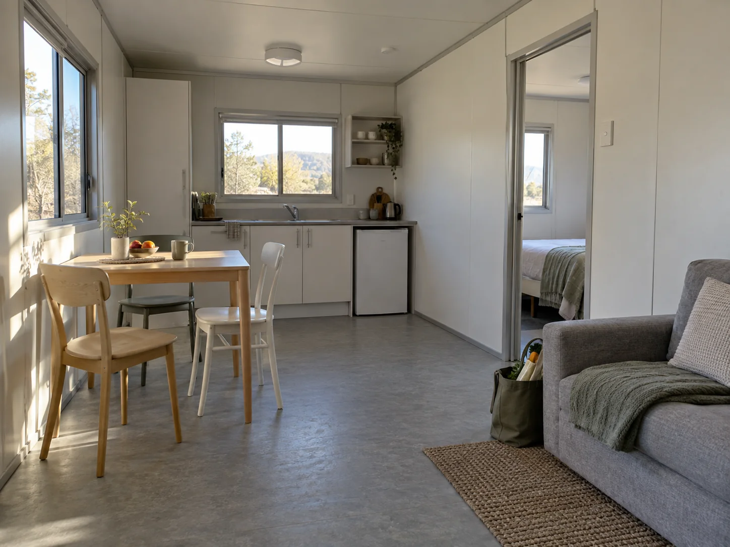 Concept illustration: Simple family living room with a separate bedroom in modular housing
