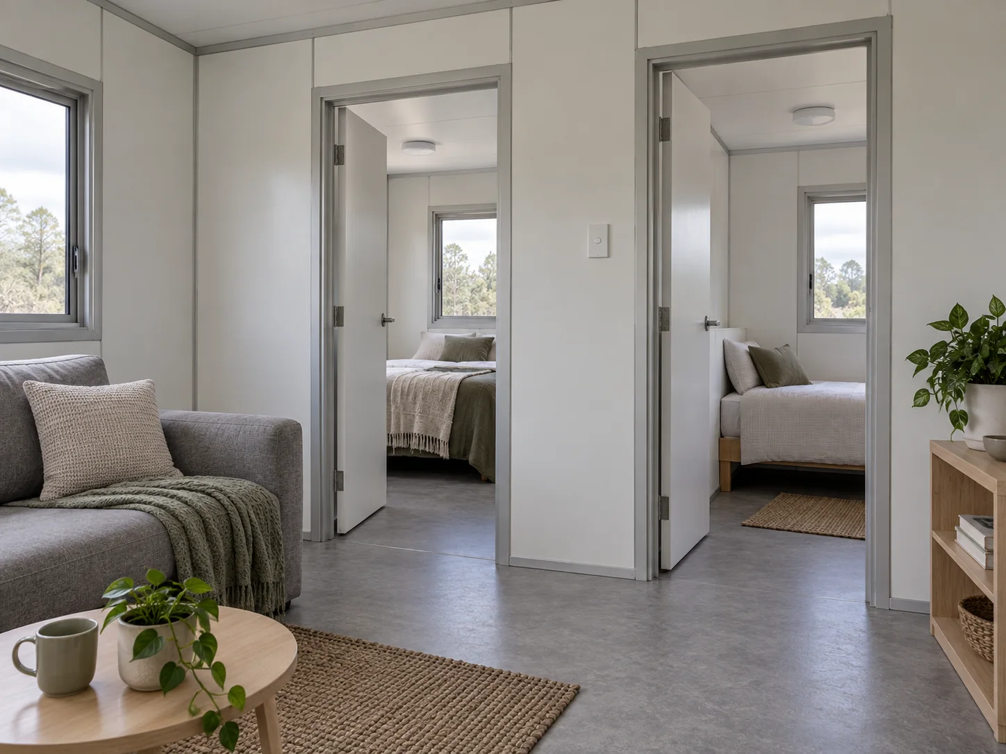 Concept illustration: Family living area connecting to separate sleeping rooms