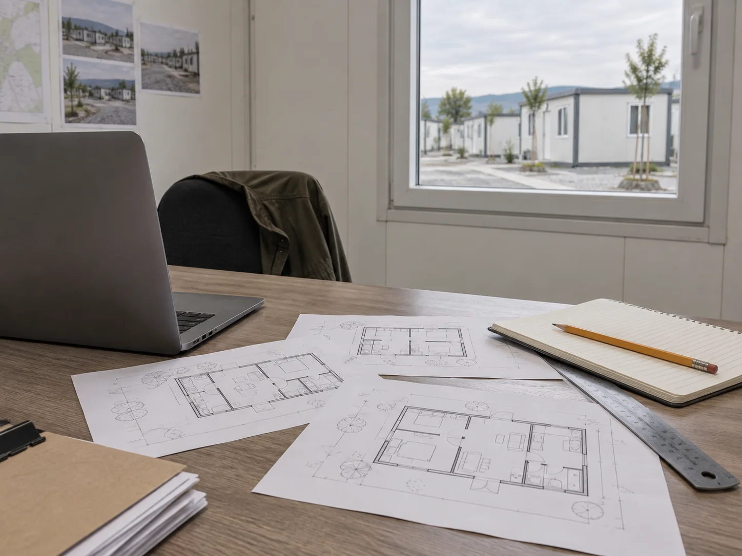 Concept illustration: Project planning desk with conceptual housing layout sketches