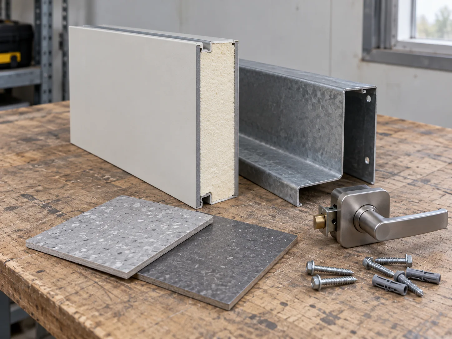 Concept illustration: Panel metal and floor finish samples for specification discussion