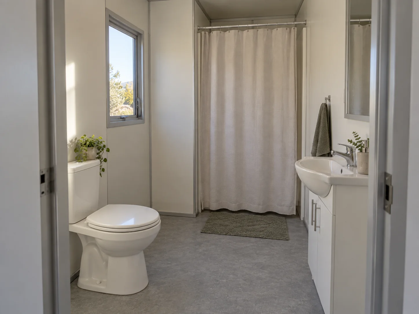 Concept illustration: Bathroom arrangement with toilet basin and shower in modular accommodation