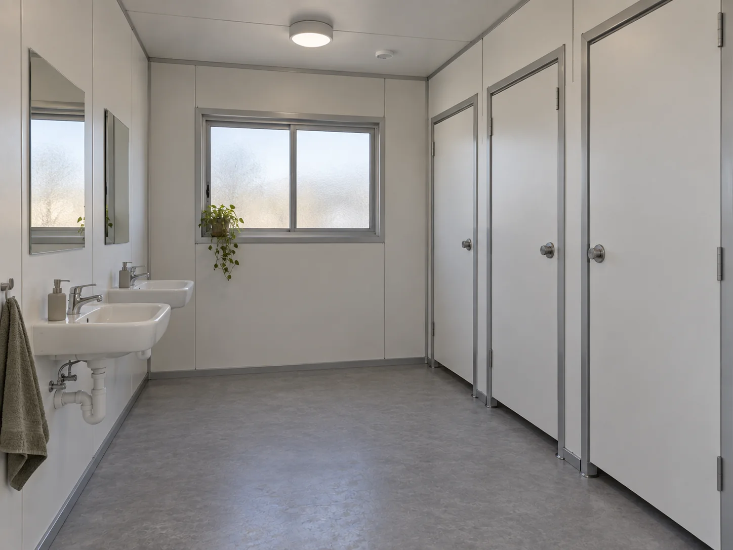Concept illustration: Shared washrooms with individual cubicles and handwashing basins