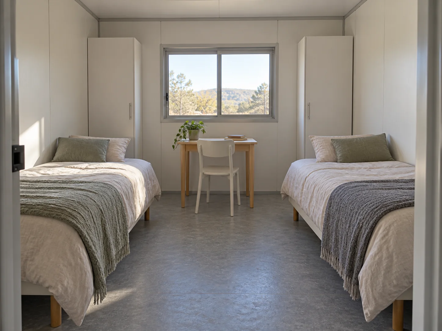 Concept illustration: Twin sleeping room with two separate beds and personal storage