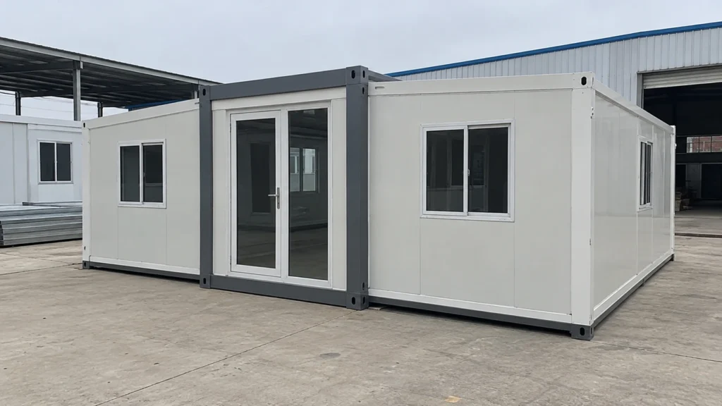 Concept of an expanded modular house with plain panels and a central entrance in a factory yard