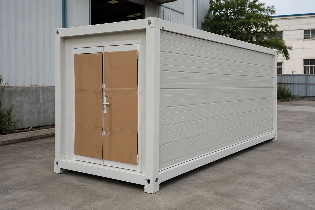 Illustrative narrow full-height transport state of an expandable house