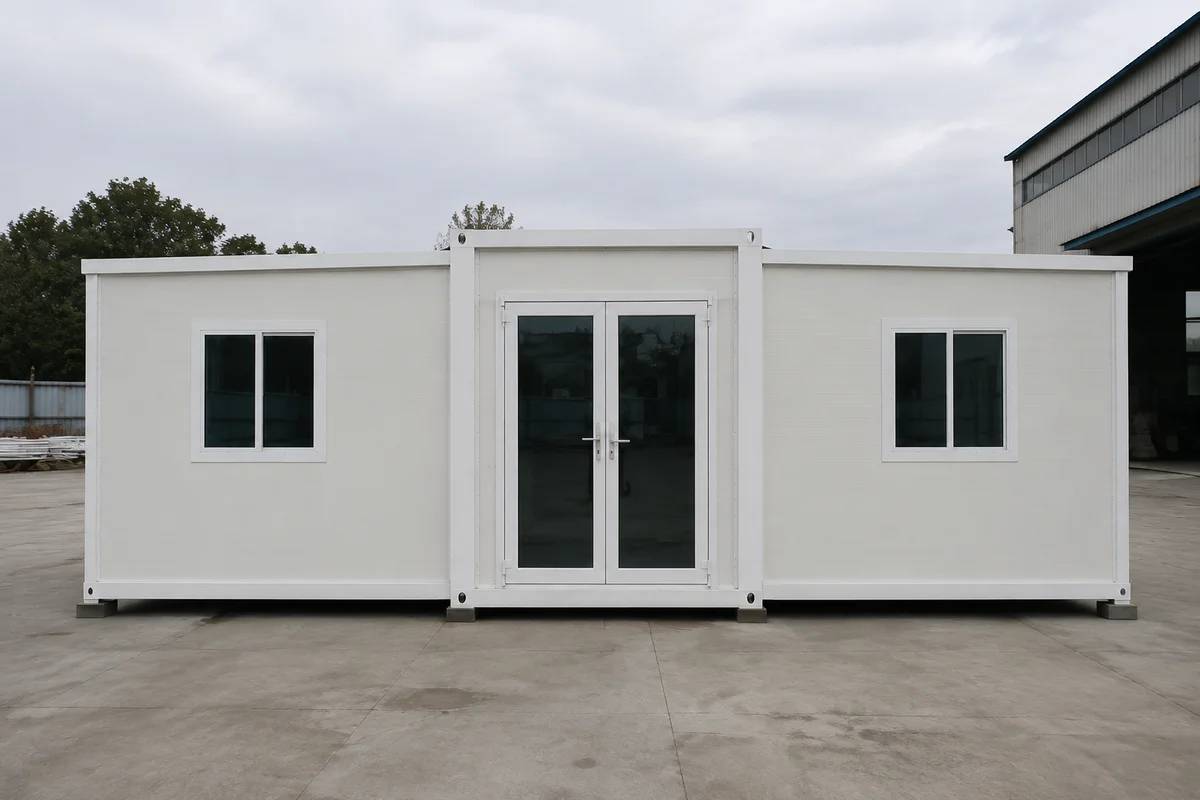 Illustrative front view of the expanded house with two side extensions