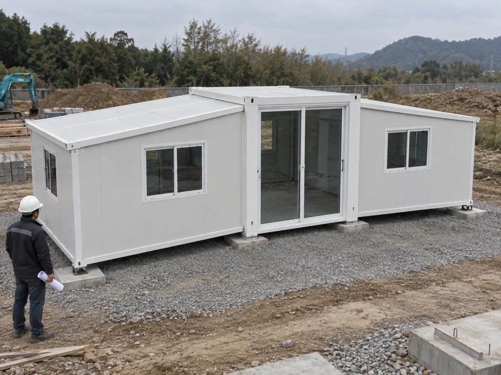 Illustrative expandable house set on a modest project site, with open wings and ordinary access ground