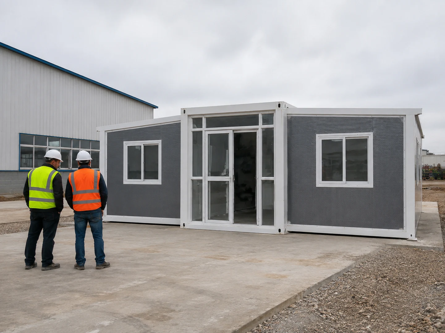 Site preparation beside a double-wing expandable container house