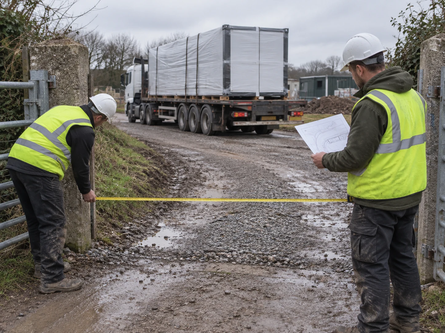 Illustrative survey of a delivery gate with a tape measure and a packed expandable unit