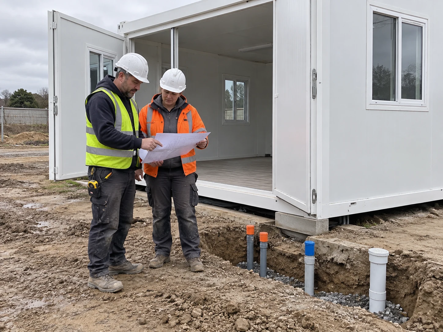 Illustrative site team reviewing accessible capped service connections next to an expandable unit