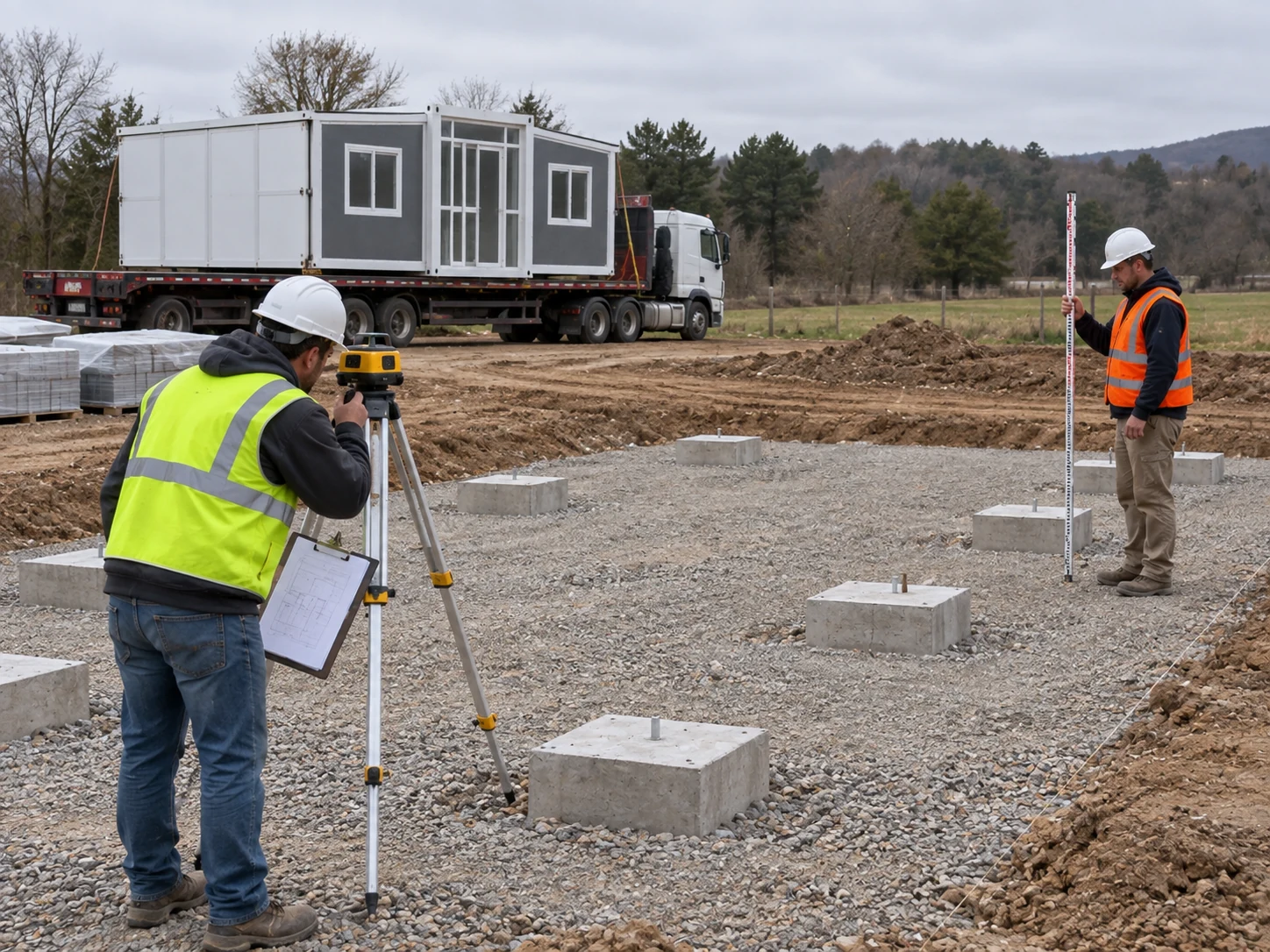 Illustrative site crew measuring support pads for an expandable unit