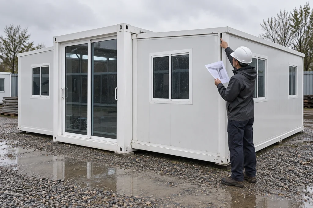 Illustrative rainwater-path inspection of an opened expandable container house
