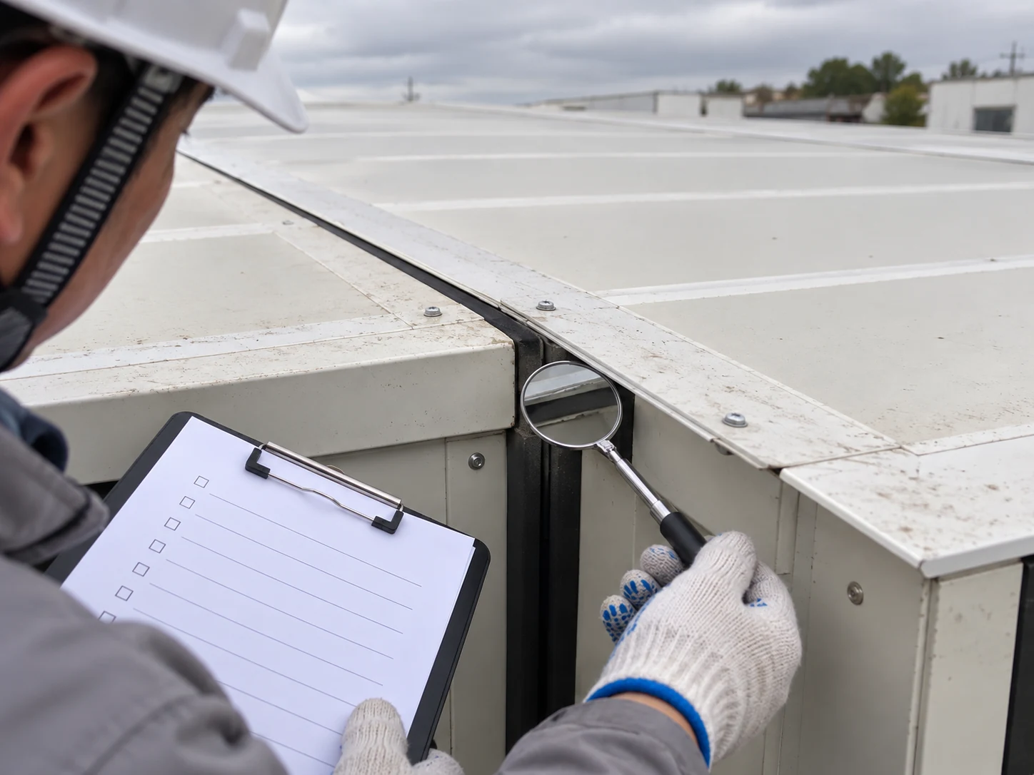Illustrative close inspection of expandable-house roof joint and flashing