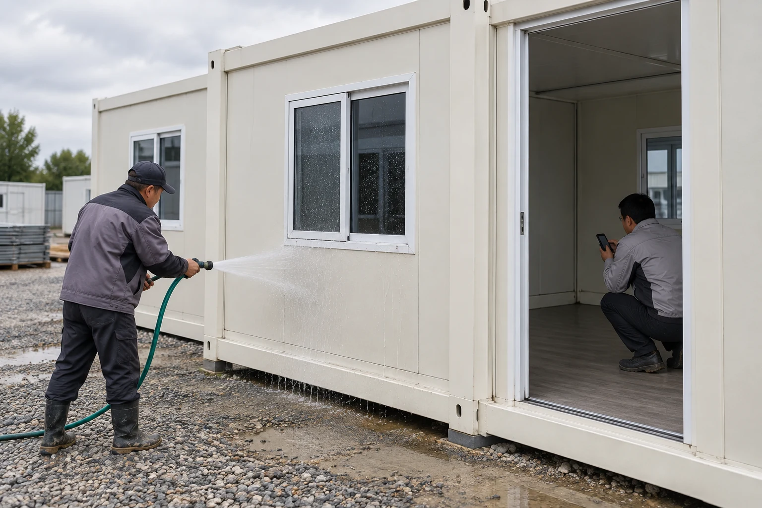 Illustrative controlled water observation at an expandable-house window and wall joint
