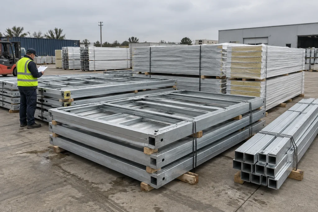 Illustrative flat-pack steel frames and wall panels staged for a packing check
