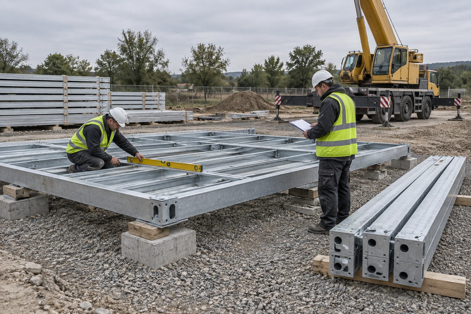 Illustrative site crew checking a flat-pack floor frame before assembly