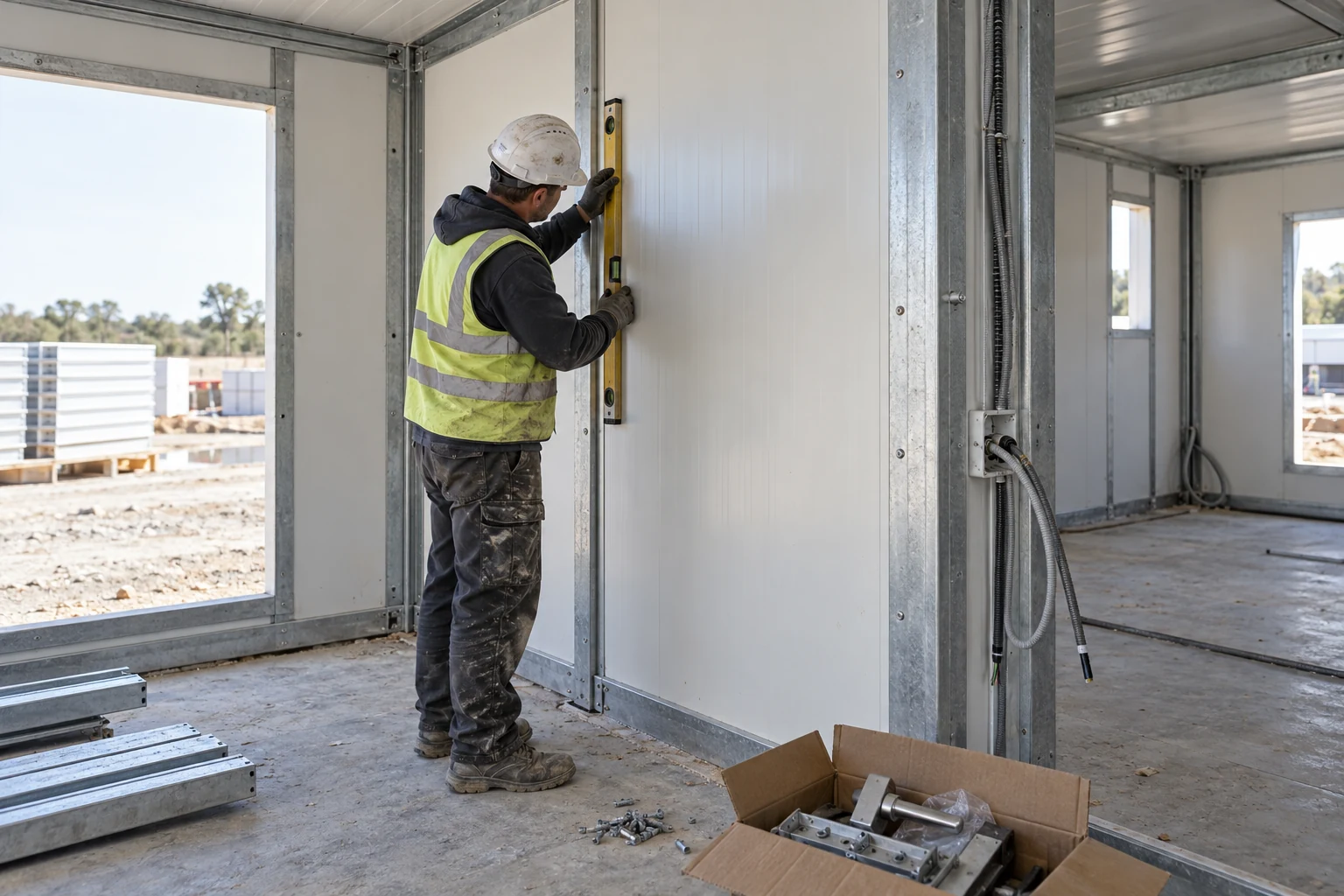 Illustrative installer checking an insulated wall panel inside a partly assembled modular unit